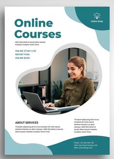 a flyer for online courses with a woman working on a laptop