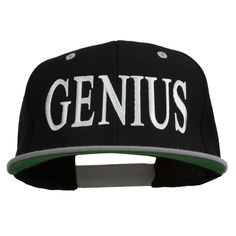 a black and green hat with the word genius printed on it's front side