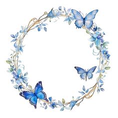 blue butterflies and flowers arranged in a circle