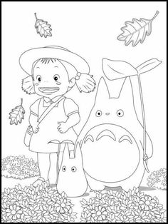 an adult and child standing in front of a totoro with leaves on the ground