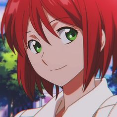 an anime character with red hair and green eyes