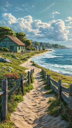 a painting of a path leading to a beach with houses on the shore and ocean in the background