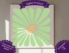 a green and yellow flower on a white background with purple ribbon around the edges that says digital product