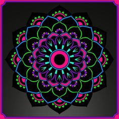 a colorful flower on a black background with pink and green accents, in the shape of a circle