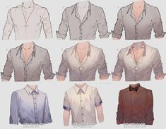 an image of men's shirts in different styles and colors on a white background