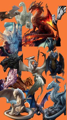 an orange background with many different types of dragon figurines on it's sides