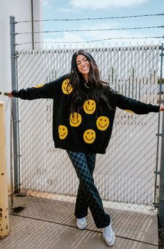 LALA ORIGINAL DESIGN: Have Fun Oversized Smiley Knit – Dressed In LALA Fun Teacher Outfits, Dressed In Lala, Grunge Jacket, Minimal Makeup Look, Yellow Smiley Face, Nylon Dress, 2024 Design, Teacher Outfits, Funky Fashion