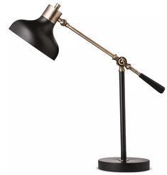 a black and gold desk lamp with an arm on the base, resting on a white background