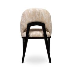 an upholstered chair with black legs and a beige fabric back rest on a white background