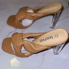 Gorgeous New! Never Worn Nude Mule High Heel Sandal Open Toe Sz 38 Or 7.5 (No Box Included) Synthetic Sandals With Wrapped Heel For Day Out, Day Out Sandals With Wrapped Heel, Synthetic Slip-on Heels For Day Out, Brown Synthetic Heels For Day Out, Beige High Heel Synthetic Mules, Trendy Synthetic Mules With 4-inch Heel, Open Toe Mules With Heel Loop, Medium Width, Brown Party Mules With 4-inch Heel, Open Toe Synthetic Mules With 4-inch Heel