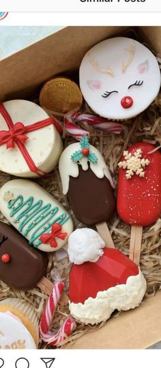 a box filled with lots of decorated cookies