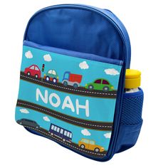 If your child is fascinated by cars, then they will love this personalised backpack! It can be customised with your child's name. This makes it the perfect backpack for school or for trips out and about. It's also made from durable materials that can withstand everyday wear and tear. Our backpack is made of a high-quality canvas cotton and polyester blend, designed to survive all adventures! The straps are padded so they're super comfy and make the bag easy to carry for your little human! Your c Customizable Blue Backpack For Travel, Customizable Blue School Bag, Customizable Blue Standard Backpack, Personalized Blue Backpack For Travel, Personalized Blue Travel Backpack, Personalized Blue Standard Backpack, Blue Personalized Standard Backpack, Backpack For School, Toddler Bag