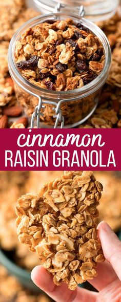 granola in jar and granola clusters Granola Recipe With Raisins, Homemade Raisin Bran Cereal, Cinnamon Raisin Granola Recipe, Granola With Raisins, Cinnamon Raisin Granola, Nut Granola Recipe, Raisin Granola, Cinnamon Snack, Breakfast Salads