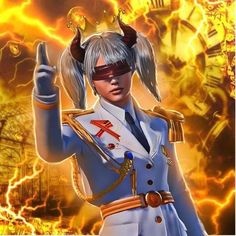 a woman in uniform with horns on her head is holding a finger up to the sky