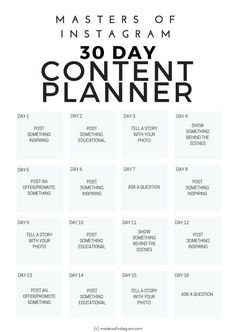 the 30 day content planner for instagrams is shown in black on a white background