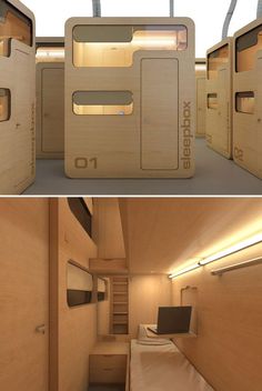 two pictures show the inside and outside of a small room with bunk beds in it