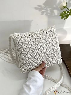 BirdinBag - Sleek Fringed Crochet Bag - Embrace Minimalist Decor Casual White Rectangular Crochet Bag, Casual White Crochet Rectangular Bag, Casual White Crochet Crossbody Bag, Casual White Square Crochet Bag, Trendy Lightweight White Shoulder Bag, Trendy White Lightweight Shoulder Bag, Chic Crochet, Fringe Bags, Crochet Bags