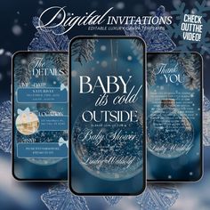 the baby its cold outside christmas party flyer is shown with snowflakes and ornaments