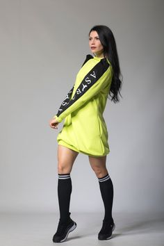 "Lime Green Sweatshirt, Sports Dress Sporty and casual, this Lime Green sweatshirt dress is a no-brainer if you want to hang out with your friends, go out for a movie or simply laze around the house. Made with 100% cotton, it's soft, comfortable, and just the perfect length. It features two pockets on either side and a turtle neck, which makes it perfect for autumn. Wear it with a pair of sneakers and you're good to go! 🌀 Materials & Care Cutton-100% Polyester elements Hand washes inside ou Spring Crew Neck Sweatshirt Dress, Green Stretch Sporty Dress, Spring Streetwear Dress With Crew Neck, Green Athleisure Spring Dress, Spring Green Athleisure Dress, Casual Stretch Sweater Dress With High Neck, Sporty Long Sleeve Sweatshirt Dress For Fall, Casual High Neck Sweater Dress With Stretch, Fall Streetwear Long Sleeve Dresses