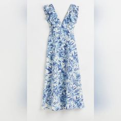 Ruffle Sleeves And Tie-Back With A Deep V In Front. I Love This Dress And I Have Never Worn It Because I Can't Wear It Without A Bra. Ruffle Sleeves, H M Dresses, Hm Dress, Floral Maxi, Tie Backs, Floral Maxi Dress, Deep V, Colorful Dresses, Blue White