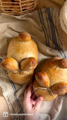 two loaves of bread sitting on top of a towel next to a basket filled with rolls