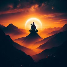 a person sitting on top of a mountain with the sun setting in the sky behind them