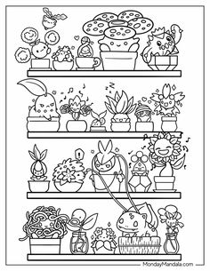 the shelves with plants and other things on them are outlined in this coloring book page