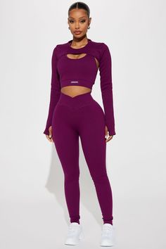 Available In Black, Fuchsia, And Plum. Active Leggings Cross Front Seamless Ribbed Full Length Pair With "Namaste Seamless Active Top" 92% Nylon 8% Elastane Imported | Namaste Seamless Active Leggings in Plum size Medium by Fashion Nova Plus Size Athletic Wear, Workout Legging, Outfit References, Kardashian Outfit, Cute Workout Outfits, Body Training, Workout Style, Active Top, Workout Clothing