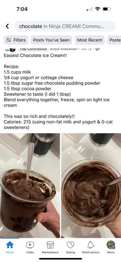 an instagram page with two pictures of chocolate pudding and ice cream in the middle