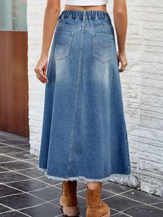 Retro Patch Pocket High-Rise Elastic Waist Raw Fringe Hem Denim Blue Jean Midi Skirt This 90s retro chic denim skirt is a elevated choice that will have you looking fashionably chic in any setting.Vintage style with a modern contemporary twist that effortlessly transitions from day to night, making this a playful choice.Retro high elasticized waist offers confidence, comfort and functionality while creating an elongated silhouette that enhances your curves while preventing muffin top.Sleek A-lin Retro Patch, Denim Button Skirt, Fishtail Skirt, Denim Skirt Women, Denim Patterns, Skirt With Pockets, Mid Length Skirts, Denim Midi Skirt, Jeans Rock