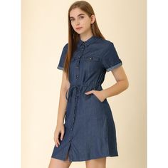 Elevate your summer wardrobe with the Allegra K Women's Jean Chambray Dress, a perfect blend of comfort and casual chic. This medium blue denim dress is designed to keep you cool and stylish with its lightweight fabric and versatile features.

- **Color:** Medium Blue
- **Material:** Denim
- **Size:** Medium
- **Gender:** Female
- **Features:** Pointed collar, drawstring waist, four practical pockets

Ideal for a variety of occasions, from beach outings to casual parties, this dress promises a f Button Down Denim Dress, Short Sleeve Denim Shirt, Blue Denim Dress, Denim Dresses, Outfits Petite, Current Fashion, 2022 Trends, Early Spring Outfits, Denim Shirt Dress