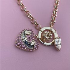 Juicy Couture Charm Necklace Super Cute! Brand New Never Used Charms: *Juicy *Heart Adjustable Length Iconic Charms Include A Gemstone-Filled Written Heart, Lettered Flat Heart Charm, Crown, Pink Diamond Choker, Cher Horowitz Jewelry, Juicy Coture Necklace, Chrissy Necklace, Mcbling Necklace, Wl Rewards, Juicy Culture, Juicy Couture Charm Necklace, 2000s Jewelry