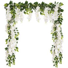 white flowers and green leaves are hanging from the top of a floral arch on a white background