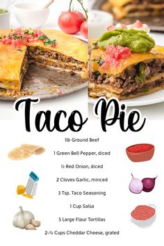 Taco Pie topped with guacamole, cream cheese, and salsa on a plate. Tomallies Pie, Taco Pie With Tortillas, Cheddar Peppers, Easy Taco Pie, Tortilla Taco, Taco Pie Recipes, Taco Pizza Recipes, Tortilla Bake, Mexican Favorites