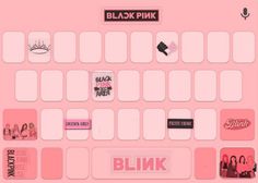 a pink keyboard with stickers on it and the words blkk in black