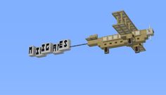 an airplane flying in the sky next to a sign that reads minecraft flies above