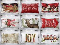 twelve christmas pillows with different designs on them