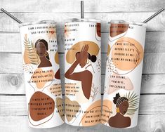 three travel mugs with african women on them, one is white and the other has brown