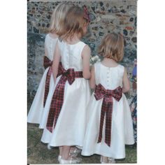 Bellezara Silk Dress with custom made tartan sashes #tartanwedding #flowergirl Scottish Wedding Themes, Scottish Flowers, Tartan Sash, Tartan Shawl, Tartan Wedding, Shawl Wedding, Highland Wedding, Bespoke Wedding Dress, Wedding Colours