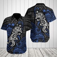 Polynesian Wolf Pattern Blue Shirts These shirts are custom-made-to-order and handcrafted to the highest quality standards. Each shirt is constructed from a premium polyester blend that is ultra-soft and incredibly comfortable. Features a specialty high definition heat-dye application that ensures long lasting color vibrancy even after machine washing. Fabric is durable and resistant to wrinkles, shrinking and mildew. Each shirt is custom printed, cut and sewn just for you when you place your or Blue Hawaiian Shirt With All Over Print, Blue Hawaiian Shirt With Sublimation Print, Blue Short Sleeve Hawaiian Shirt With Sublimation Print, Blue Sublimation Print Short Sleeve Hawaiian Shirt, Wolf Pattern, Blue Shirts, Blue Shirt, High Definition, Wrinkles