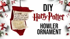 a harry potter ornament hanging from a christmas tree with presents around it and the words diy harry potter