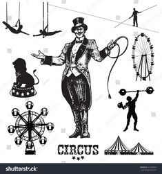 circus poster with an image of a man holding a rope and spinning on the wheel