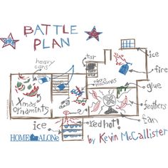 a drawing of a house with the words battle plan written in different languages on it