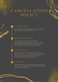 a black and gold poster with the words'cancelation policy '