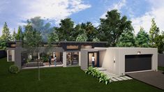 an artist's rendering of a modern house in the middle of a lush green yard