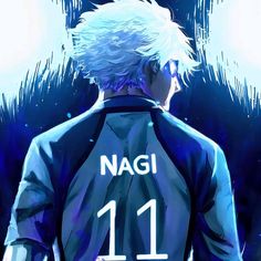 an anime character with white hair standing in front of a blue background and text that reads nagi 11