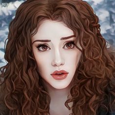 a digital painting of a woman's face with long curly hair and brown eyes