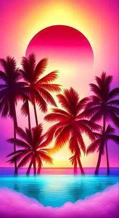 a painting of palm trees and the sun setting over water with pink, purple and blue colors