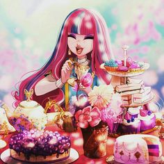 a girl with pink hair standing in front of a table filled with cakes and cupcakes