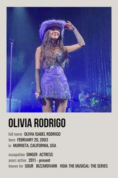 an advertisement for a concert with a woman in a purple dress and hat on stage